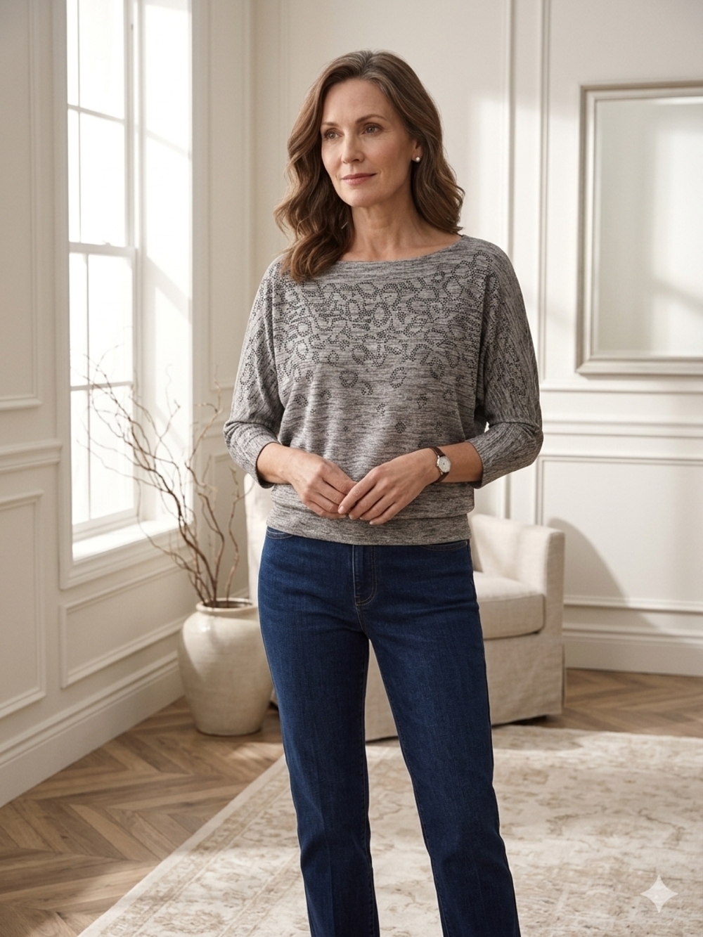 Melanie Lyne Gray Knit Casual Top Embellished Detail Small